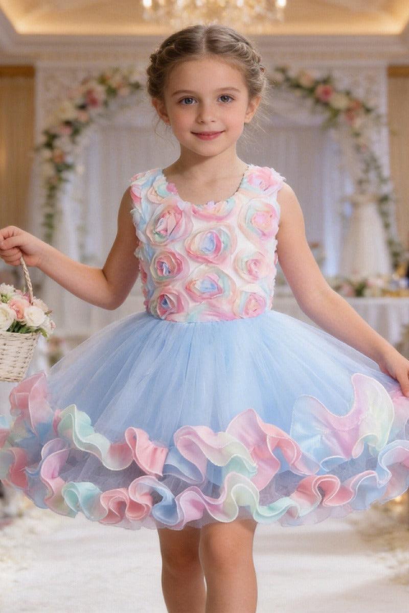 Short A-Line Round Neck Rainbow Ruffled Tulle Knee Length Flower Girl Dresses 1029089635642 - 7 Days / Blue / 100cm - COCOMELODY
